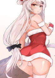 Rule 34 | 1girl, absurdres, ass, bare shoulders, black bow, blush, bow, brown eyes, closed mouth, commentary request, dress, fingerless gloves, from behind, fur-trimmed dress, fur-trimmed gloves, fur-trimmed headwear, fur trim, girls&#039; frontline, gloves, hair between eyes, hair bow, hair ornament, hairclip, hat, highres, long hair, looking at viewer, looking back, muteppona hito, official alternate costume, panties, red dress, red gloves, red hat, santa costume, santa hat, short dress, silver hair, simple background, solo, standing, strapless, strapless dress, svd (girls&#039; frontline), svd (winter fairy) (girls&#039; frontline), thighhighs, twintails, underwear, very long hair, white background, white panties, white thighhighs