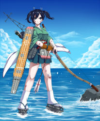 Rule 34 | 10s, 1girl, archery, arrow (projectile), bandages, black hair, blue eyes, blue sky, blush, bow (weapon), breasts, bruise, cloud, day, gloves, injury, japanese clothes, kantai collection, kuon yashiro, kyuudou, large breasts, ocean, partially fingerless gloves, partly fingerless gloves, personification, quiver, ribbon, rock, short hair, single glove, skirt, sky, solo, souryuu (kancolle), twintails, water, weapon, wide sleeves, yugake