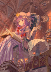 Rule 34 | 3girls, artist name, bat wings, blonde hair, book, book stack, bookshelf, bow, broom, broom riding, capelet, crescent, crossed legs, cup, dahuang, dated, dress, flying, from below, hair bow, hair ornament, hat, head wings, indoors, kirisame marisa, koakuma, library, long hair, long sleeves, looking down, mob cap, multiple girls, open book, outstretched arms, patchouli knowledge, purple eyes, purple hair, reading, red hair, sitting, striped clothes, striped dress, table, teacup, teapot, touhou, very long hair, vest, voile, wide sleeves, wings, witch hat