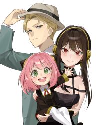 Rule 34 | 1boy, 2girls, absurdres, anya (spy x family), black hair, blonde hair, blue eyes, breasts, carrying, carrying person, cleavage, closed mouth, ddungddang, dress, green eyes, hair ornament, hat, highres, holding, holding clothes, holding hat, long hair, long sleeves, looking at viewer, medium breasts, multiple girls, nail polish, open mouth, pink hair, red eyes, red nails, school uniform, shirt, short hair, simple background, smile, spy x family, twilight (spy x family), upper body, white background, white shirt, yor briar