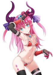 Rule 34 | 10s, 1girl, arm up, armor, armpits, asymmetrical horns, bad id, bad twitter id, bikini, bikini armor, black thighhighs, blue eyes, blue ribbon, breasts, brooch, choker, cleavage, contrapposto, elizabeth bathory (fate), fate/extra, fate/extra ccc, fate (series), hair ribbon, horns, jewelry, long hair, looking at viewer, navel, pink hair, red bikini, ribbon, shiosoda, simple background, small breasts, solo, standing, stomach, swimsuit, thighhighs, uneven horns, v, vambraces, white background