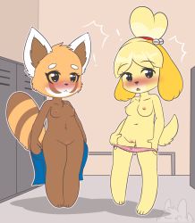 Rule 34 | !, 2girls, :&lt;, absurdres, aggressive retsuko, animal crossing, animal ears, animal hands, barefoot, bell, black eyes, blonde hair, blush, bow, bow panties, breasts, bunnybits, closed mouth, collarbone, crossover, dog ears, dog girl, dog tail, embarrassed, female focus, full body, furry, furry female, hair bell, hair ornament, hair tie, highres, indoors, isabelle (animal crossing), jingle bell, legs together, locker, multiple girls, navel, nintendo, nipples, nose blush, notice lines, nude, open mouth, outline, panda ears, panties, panty pull, pigeon-toed, pink panties, pussy, retsuko, short hair, small breasts, standing, tail, topknot, topless, uncensored, underwear, undressing, watermark, white outline