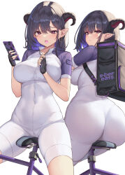 Rule 34 | 1girl, ass, bicycle, black gloves, black hair, blush, breasts, cellphone, closed mouth, demon girl, earrings, fingerless gloves, fingernails, gloves, hamahama, highres, holding, holding phone, horns, jewelry, large breasts, looking at viewer, multiple views, open mouth, original, phone, pointy ears, purple eyes, sharp fingernails, short sleeves, sitting, smartphone, thighs, white background
