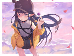 Rule 34 | 1girl, alternate costume, blush, candy, commentary, cowboy shot, flat chest, food, hat, highres, holding, holding candy, holding food, holding lollipop, hololive, hololive english, jacket, kiwwwwwi, lollipop, long hair, long sleeves, looking at viewer, ninomae ina&#039;nis, off shoulder, petals, pointy ears, purple eyes, purple hair, solo, tentacle hair, virtual youtuber, yellow jacket