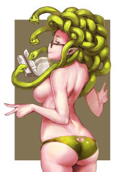Rule 34 | 1girl, ass, ass cutout, book, breasts, butt crack, clothing cutout, double v, earrings, from behind, snake hair, green hair, highres, jewelry, keyhole panties, kousaku, looking at viewer, looking back, mole, mole under eye, pointy ears, red eyes, short hair, smile, snake, snake hair, solo, sword world 2.0, topless, v