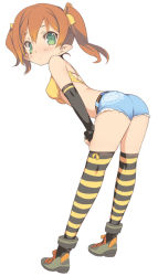 Rule 34 | 1girl, bare shoulders, bent over, blade (galaxist), blush, breasts, brown hair, cutoffs, denim, denim shorts, green eyes, medium breasts, original, pointy ears, short hair, short shorts, shorts, simple background, solo, striped clothes, striped thighhighs, thighhighs, twintails, white background