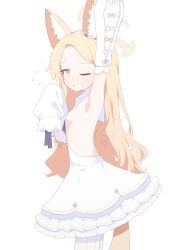 Rule 34 | 1girl, absurdres, animal ears, arm up, blonde hair, blue archive, blush, breasts, commentary request, detached sleeves, dress, forehead, fox ears, hagoonha, halo, highres, long hair, long sleeves, looking at viewer, one eye closed, open mouth, pantyhose, seia (blue archive), sideboob, small breasts, solo, sweat, white background
