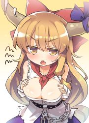 Rule 34 | 1girl, alternate breast size, blush, bow, breasts, brown eyes, brown hair, chain, cleavage, eyebrows, fang, hair bow, horn bow, horn ornament, horns, ibuki suika, large breasts, long hair, open mouth, red bow, solo, toto nemigi, touhou