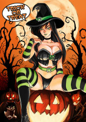 Rule 34 | 1girl, bare shoulders, belt, black choker, black hair, black hat, black panties, breasts, bustier, choker, cleavage, english text, green belt, green eyes, green lips, green thighhighs, halloween, halloween costume, hand up, hat, hat belt, jack-o&#039;-lantern, kim possible (series), kugayama cannon, large breasts, long hair, looking at viewer, moon, orange sky, outdoors, panties, shego, sitting, sky, solo, speech bubble, strapless, striped clothes, striped thighhighs, thighhighs, tree, trick or treat, underwear, witch hat