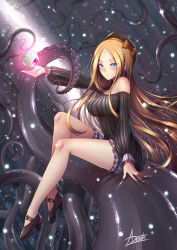 Rule 34 | 1girl, abigail williams (fate), adsouto, aged up, black dress, black headwear, blonde hair, bloomers, blue eyes, bow, breasts, commentary, dress, english commentary, fate/grand order, fate (series), hair bow, hat, highres, large breasts, long hair, orange bow, parted bangs, sleeves past wrists, space, tentacles, underwear, very long hair, white bloomers, witch hat