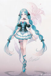 Rule 34 | 1girl, 2024, absurdres, alternate hairstyle, aqua dress, aqua eyes, aqua hair, aqua nails, aqua ribbon, arms at sides, ballet slippers, bare legs, bare shoulders, beads, black choker, bow, bowtie, braid, chinese commentary, choker, closed mouth, commentary request, dated, detached sleeves, dress, drop earrings, earrings, floral background, flower, flower earrings, frilled dress, frilled sleeves, frills, full body, hair flower, hair ornament, hatsune miku, highres, jewelry, leg ribbon, long hair, looking at viewer, mie haha, multicolored hair, parted bangs, pink flower, plantar flexion, puffy sleeves, red flower, red rose, ribbon, rose, shadow, short sleeves, signature, solo, standing, streaked hair, thigh strap, tiptoes, twin braids, twintails, vocaloid, watermark, weibo logo, weibo watermark, white background