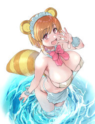Rule 34 | 1girl, :d, absurdres, animal ears, bare shoulders, bikini, blonde hair, blush, bow, bowtie, breasts, character request, cleavage, collarbone, eyepatch bikini, fang, frills, highres, large breasts, leaning forward, looking at viewer, maid headdress, open mouth, red eyes, ribbon, shiwasu no okina, short hair, simple background, smile, solo, standing, swimsuit, tail, virtual youtuber, wading, water, white background, white bikini, wrist cuffs