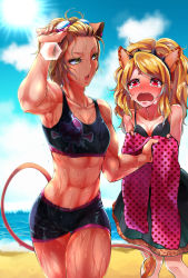 Rule 34 | 10s, 2girls, abs, animal ears, bad id, bad pixiv id, beach, blonde hair, blush, citti (show by rock!!), cloud, crying, dark-skinned female, dark skin, day, dress, female focus, goggles, goggles on head, highres, laina (show by rock!!), lion ears, lion tail, long hair, multiple girls, muscular, muscular female, ocean, omutsu (shina94), open mouth, outdoors, red eyes, short hair, show by rock!!, sky, swimsuit, tail, tears, thighs, towel, wet, yellow eyes