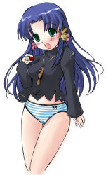 Rule 34 | 00s, aoba kozue, blue hair, blue panties, blush, bottomless, embarrassed, green eyes, hair ornament, jewelry, long sleeves, mahoraba, necklace, no pants, panties, print panties, shirt, solo, standing, striped clothes, striped panties, thigh gap, thighs, turtleneck, underwear