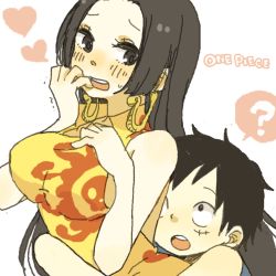 Rule 34 | 1boy, 1girl, ?, amazon warrior, black hair, blush, boa hancock, china dress, chinese clothes, dress, earrings, heart, highres, jewelry, jolly roger, long hair, monkey d. luffy, one piece, pirate, scar, simple background, yellow dress