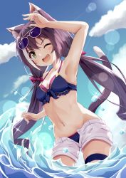 Rule 34 | 1girl, ;d, animal ear fluff, animal ears, arm up, armpits, bare arms, bare shoulders, bikini, bikini under clothes, black hair, blue bikini, blush, bow, breasts, cat ears, cat girl, cat tail, cleavage, collarbone, commentary request, day, eyewear on head, fang, green eyes, hair between eyes, hair bow, highres, karyl (princess connect!), karyl (summer) (princess connect!), long hair, low twintails, medium breasts, minazuki mizu, multicolored hair, navel, one eye closed, open clothes, open fly, open mouth, open shorts, outdoors, princess connect!, red bow, short shorts, shorts, smile, solo, standing, streaked hair, sunglasses, swimsuit, tail, teeth, thigh strap, twintails, upper teeth only, v-shaped eyebrows, very long hair, wading, white-framed eyewear, white hair, white shorts