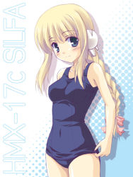 Rule 34 | 00s, 1girl, adjusting clothes, adjusting swimsuit, android, blonde hair, blue background, blue eyes, blue one-piece swimsuit, blush, bow, braid, braided ponytail, breasts, character name, collarbone, covered navel, cowboy shot, from side, hair bow, halftone, halftone background, head tilt, hip focus, impossible clothes, impossible swimsuit, legs together, light smile, long hair, looking at viewer, masakichi (crossroad), medium breasts, old school swimsuit, one-piece swimsuit, pink bow, robot ears, school swimsuit, shadow, sidelocks, silfa (to heart), single braid, smile, solo, standing, swimsuit, to heart (series), to heart 2, to heart 2 ad, two-tone background, white background