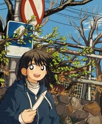 Rule 34 | 1girl, black eyes, black hair, blue jacket, branch, cloud, cloudy sky, day, fence, highres, jacket, looking at viewer, medium hair, open mouth, original, outdoors, road, road sign, sign, sihyun25, sky, solo, street, sweater, teeth, tree, turtleneck, turtleneck sweater, upper teeth only, white sweater, wind