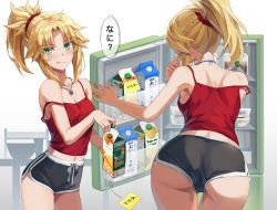 Rule 34 | 1girl, ass, back, bare shoulders, blonde hair, braid, breasts, camisole, carton, collarbone, dolphin shorts, fate/apocrypha, fate (series), french braid, green eyes, grey shorts, hair ornament, hair scrunchie, jewelry, licking lips, long hair, looking at viewer, mordred (fate), mordred (fate/apocrypha), multiple views, navel, necklace, ponytail, red camisole, refrigerator, scrunchie, short shorts, shorts, sidelocks, small breasts, tonee, tongue, tongue out, translation request