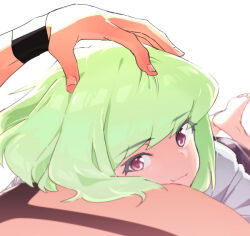 Rule 34 | 2boys, :3, barefoot, black wristband, commentary request, feet, galo thymos, green hair, hand on another&#039;s head, lio fotia, looking at viewer, lying on person, male focus, multiple boys, ns1123, pink eyes, pov, promare, short hair, simple background, smile, soles, solo focus, toes, trap, white background, wristband, yaoi