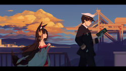 Rule 34 | 1boy, 1girl, absurdres, animal ear fluff, animal ears, azur lane, bad id, bad pixiv id, black hair, black jacket, black pants, blue sky, book, brown eyes, building, cloud, commander (azur lane), commentary request, dalian (1457091741), day, detached sleeves, dress, faceless, faceless male, from side, gloves, hair ornament, hand in pocket, harbor, hat, highres, holding, holding book, jacket, letterboxed, long hair, long sleeves, military, military uniform, nagato (azur lane), naval uniform, neck ribbon, open book, outdoors, pants, parted lips, peaked cap, profile, railing, reading, red dress, ribbon, sky, smile, strapless, strapless dress, sunlight, tail, uniform, very long hair, white gloves, white headwear, wide hips, yellow ribbon