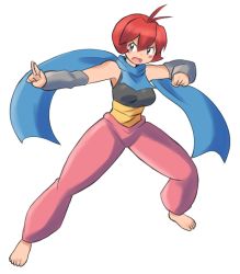 Rule 34 | 1girl, baggy pants, barefoot, blush, creatures (company), fighting stance, game freak, nintendo, original, pants, paul gq, pokemon, red hair, scarf, short hair, simple background, solo, wrist wrap