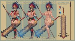 Rule 34 | 1girl, abs, absurdres, arm tattoo, aztec, biceps, black hair, blue eyes, blush, bracer, breasts, character sheet, cleavage, club, club (weapon), collarbone, completely nude, facepaint, feather hair ornament, feathers, female pubic hair, gold necklace, hair ornament, headdress, highres, holding, holding weapon, huge breasts, jewelry, large areolae, large breasts, loincloth, looking at viewer, macuahuitl, muscular, muscular female, navel, neck ring, necklace, nipples, nude, obliques, open mouth, original, pubic hair, short hair, shoulder tattoo, simple background, smile, solo, spiked club, tattoo, thick thighs, thighs, toned, tribal, weapon, yugo (yugotme97)