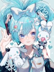 Rule 34 | &gt; o, 1girl, :3, aqua hair, aqua necktie, black sleeves, blue bow, blue eyes, blush, body writing, bow, cinnamiku, cinnamon roll, cinnamoroll, closed mouth, collared shirt, commentary, creature, creature on shoulder, detached sleeves, eating, frilled shirt, frilled shirt collar, frills, grey shirt, hair bow, hair ornament, hand up, harumi nimu, hatsune miku, heart, highres, looking at viewer, matching outfits, necktie, on shoulder, one eye closed, sanrio, shirt, smile, solo, star (symbol), tie clip, tied ears, updo, upper body, vocaloid