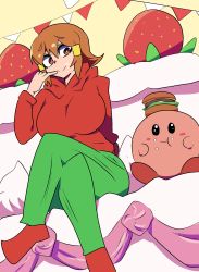 Rule 34 | 1girl, 5-volt, blush stickers, breasts, brown hair, burger, cake, chicken-rib, colored skin, eating, food, food on face, fruit, highres, kirby, kirby&#039;s dream buffet, kirby (series), looking at another, nintendo, oversized food, oversized object, pink skin, red footwear, red sweater, short hair, smile, strawberry, string of flags, sweater, warioware