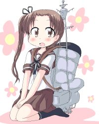 Rule 34 | 10s, 1girl, :d, antennae, asymmetrical hair, ayanami (kancolle), black socks, blush, brown eyes, brown hair, full body, geetsu, kantai collection, kneehighs, long hair, looking at viewer, machinery, open mouth, pleated skirt, seiza, shirt, short sleeves, side ponytail, simple background, sitting, skirt, smile, socks, solo, tareme, white background, white shirt