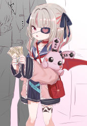Rule 34 | 1girl, absurdres, bag, banknote, belt collar, black bow, blue nails, blue sailor collar, blue skirt, blush, bow, collar, commentary request, eyepatch, fingernails, hair bow, heart, heart eyepatch, highres, holding, holding money, jacket, looking at viewer, makaino ririmu, miniskirt, money, nail polish, neckerchief, nijisanji, open clothes, open jacket, parted lips, pink jacket, pointy ears, red eyes, red neckerchief, sailor collar, school uniform, serafuku, shirt, shoulder bag, skirt, solo focus, utsusumi kio, virtual youtuber, white shirt, wide-eyed, wings