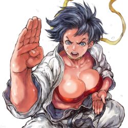 Rule 34 | 1girl, angry, bandaid, bandaid on face, bandeau, black eyes, black hair, breasts, capcom, cleavage, collarbone, covered erect nipples, dougi, fighting stance, large breasts, looking at viewer, makoto (street fighter), open mouth, scarf, short hair, shu-mai, simple background, solo, street fighter, street fighter iii (series), sweat, tomboy, toned, very short hair, white background