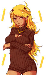 Rule 34 | 1girl, ahoge, asymmetrical bangs, at2., blaze (minecraft), blonde hair, breasts, cleavage, cleavage cutout, clothing cutout, cowboy shot, crossed arms, dark-skinned female, dark skin, doyagao, ganguro, highres, long sleeves, looking at viewer, meme attire, minecraft, open-chest sweater, personification, red eyes, ribbed sweater, shiny skin, simple background, smug, solo, sweater, tsurime, turtleneck, white background