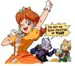 Rule 34 | 1girl, 2boys, angry, arm up, blue eyes, clenched teeth, crown, dress, earrings, english text, flipped hair, flower earrings, fox, fox mccloud, gloves, happy, jewelry, looking at viewer, mario (series), multiple boys, nemurism, nintendo, one eye closed, orange dress, pointing, princess daisy, puffy short sleeves, puffy sleeves, scouter, short hair, short sleeves, simple background, smile, star fox, super mario land, super smash bros., sweatdrop, teeth, tomboy, upper body, white background, white gloves, wink, wolf, wolf o&#039;donnell