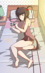 Rule 34 | 1girl, artist name, bad id, bad pixiv id, barefoot, bed, bow, brown eyes, cellphone, dated, dress, hair bow, hair ornament, hairclip, indoors, lamp, looking at viewer, lying, on side, original, panties, phone, pillow, seok, short twintails, solo, twintails, underwear, white panties