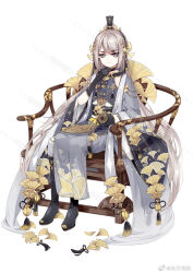 Rule 34 | 1boy, androgynous, armchair, bamboo scroll, black footwear, black gloves, black sash, blue eyes, boots, candied ginkgo nut (the tale of food), chair, chinese clothes, closed mouth, coat, dongfang mao qiu, double-parted bangs, expressionless, full body, ginkgo leaf, ginkgo leaf print, gloves, gold trim, grey coat, grey hair, grey robe, hair ornament, halterneck, hand on own chin, hanfu, holding, holding scroll, leaf, leaf hair ornament, leaf print, long hair, long sleeves, looking at viewer, male focus, mole, mole under eye, official art, pants, petite, robe, sash, scroll, sidelocks, simple background, sitting, solo, tassel, the tale of food, very long hair, watermark, weibo logo, weibo watermark, white background, white pants, wide sleeves, xiao guan (headdress)