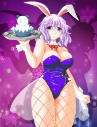 Rule 34 | 1girl, animal ears, bare shoulders, bow, bowtie, breasts, rabbit ears, cirno, cleavage, detached collar, fishnet pantyhose, fishnets, huge breasts, letty whiterock, light purple hair, pantyhose, playboy bunny, purple eyes, short hair, smile, snowman, solo, suzuki sakura, thick thighs, thighs, touhou, tray, wrist cuffs
