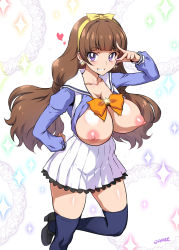 Rule 34 | 1girl, amanogawa kirara, artist name, breasts, breasts out, brown hair, earrings, female focus, go! princess precure, hairband, jewelry, joy ride, large breasts, long hair, looking at viewer, nail polish, nipples, precure, purple eyes, school uniform, solo, sparkle, star (symbol), star earrings, thighhighs, twintails
