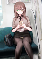 Rule 34 | 1girl, @ @, bag, black pantyhose, blush, brown hair, cellphone, collared shirt, crotch seam, green eyes, highres, knees together feet apart, long hair, office lady, ol-chan (oouso), oouso, original, panties, panties under pantyhose, pantyhose, pantyshot, phone, shirt, smartphone, solo, train interior, translation request, underwear, yellow panties
