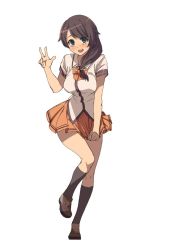 Rule 34 | 1girl, black socks, bow, brown hair, commentary request, hair bow, kneehighs, korean text, looking at viewer, open mouth, rainmaker, school uniform, simple background, skirt, skirt tug, socks, solo, v, white background