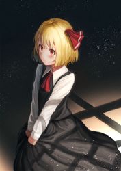 Rule 34 | 1girl, ascot, black skirt, black vest, blonde hair, blush, commentary request, dark room, expressionless, film grain, fjsmu, from above, hair ribbon, highres, indoors, light particles, long sleeves, looking to the side, red ascot, red eyes, ribbon, rumia, shadow, shirt, short hair, sitting, skirt, skirt grab, solo, touhou, v arms, vest, white shirt, wing collar, yokozuwari