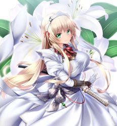 Rule 34 | 1girl, blonde hair, blush, bow, bowtie, breasts, cowboy shot, dress, floral background, glint, gloves, green eyes, hairband, juliet sleeves, katana, large breasts, long hair, long sleeves, looking at viewer, maid, midoriiro no shinzou, original, puffy sleeves, red bow, red bowtie, sash, sheath, sidelocks, smile, solo, sword, taut clothes, taut dress, unsheathing, weapon, white gloves