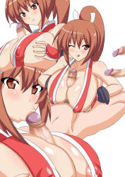 Rule 34 | breasts, brown eyes, brown hair, censored, fatal fury, highres, large breasts, long hair, nipples, paizuri, penis, pointless censoring, ponytail, shiranui mai, snk, the king of fighters