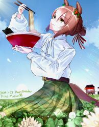 Rule 34 | 1girl, absurdres, animal ears, belt, birthday, bowl, brown hair, casual, character name, chopsticks, clover hair ornament, dated, fine motion (umamusume), food, food stand, from side, green eyes, green skirt, hair between eyes, hair bun, hair ornament, highres, holding, holding bowl, holding chopsticks, horse ears, horse girl, horse tail, long hair, long skirt, long sleeves, looking up, melon atatame, multicolored hair, noodles, pleated skirt, ramen, shirt, sidelocks, single hair bun, skirt, smile, solo, tail, two-tone hair, umamusume, white hair, white shirt, yatai
