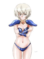 Rule 34 | 1girl, absurdres, armor, artist name, asagiri youko, asagiri youko (cosplay), bikini armor, blue eyes, breasts, cleavage, closed mouth, collar, commentary request, cosplay, cowboy shot, crossed arms, earrings, expressionless, genmu senki leda, girls und panzer, highres, hiyama yuu (wee259hiyama), jewelry, looking at viewer, medium breasts, metal collar, name connection, navel, partial commentary, pauldrons, short hair, shoulder armor, signature, silver hair, simple background, solo, standing, vambraces, white background, youko (girls und panzer)