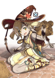 Rule 34 | 1girl, animal ears, backpack, bag, blonde hair, bridal gauntlets, covered navel, flat chest, flower, hat, highres, horns, jewelry, looking at viewer, map, moneybag, neo-masterpeacer, open mouth, original, pale skin, pendant, sandals, scroll, short hair, single horn, sitting, solo, thigh strap, twintails, witch hat, yellow eyes