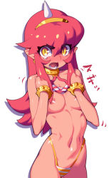 Rule 34 | 1girl, bad id, bad pixiv id, bikini, bikini top lift, bracelet, breasts, clothes lift, colored skin, cowboy shot, drop shadow, earrings, hairband, highleg, highleg bikini, highleg swimsuit, horns, jewelry, looking at viewer, metata, navel, open mouth, original, pointy ears, red hair, red skin, simple background, single horn, slit pupils, solo, standing, swimsuit, tears, topless, white background, yellow eyes