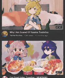 Rule 34 | 3girls, absurdres, antlers, bed, blonde hair, blue shirt, closed mouth, commentary, curly hair, dragon girl, dragon tail, eating, english commentary, english text, food, food on face, hair between eyes, highres, horn ornament, horn ribbon, horns, iesonatana, kicchou yachie, long hair, looking at viewer, mukbang, multiple girls, open mouth, parody, pink hair, purple hair, red eyes, red horns, ribbon, sharp teeth, sheep horns, shirt, short hair, short sleeves, single horn, t-shirt, tail, teeth, tenkajin chiyari, too much food, touhou, toutetsu yuuma, unfinished dream of all living ghost, upper body, wavy hair, yellow eyes, youtube