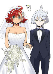 Rule 34 | !?, 2girls, :o, ahoge, aqua eyes, bare arms, bare shoulders, black bow, black bowtie, black pants, blush, bouquet, bow, bowtie, breasts, bridal veil, bride, cleavage, collarbone, commentary, dot mouth, dress, female focus, flower, formal, gloves, grey eyes, gundam, gundam suisei no majo, hair between eyes, highres, holding, holding bouquet, holding hands, large breasts, long sleeves, looking at viewer, miorine rembran, multiple girls, pants, red hair, short hair, simple background, sky-freedom, strapless, strapless dress, suit, suletta mercury, symbol-only commentary, tuxedo, veil, wedding dress, white background, white dress, white gloves, white hair, wife and wife, yuri