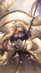 Rule 34 | 1girl, armor, armored dress, banner, black thighhighs, blonde hair, braid, breasts, bridal gauntlets, closed mouth, fate/apocrypha, fate/grand order, fate/stay night, fate (series), faulds, flag, fur trim, gauntlets, gloves, hair ribbon, headpiece, highres, jeanne d&#039;arc (fate), jeanne d&#039;arc (ruler) (fate), jeanne d&#039;arc alter (fate), no-kan, purple eyes, ribbon, single braid, standing, thighhighs, yellow background